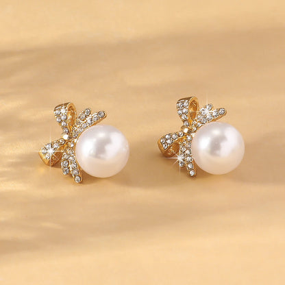 Elegant Pearl Bow Knot Diamond Stud Earrings for Women - Smarsty