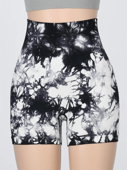 Women's Tie Dye Print Ruched High Waist Sports Shorts, Casual Comfy Breathable Seamless Skinny Shorts for Yoga Gym Workout - Smarsty
