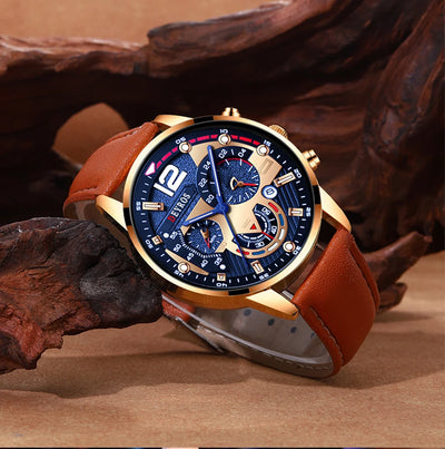 Luxury Men's Quartz Watch Set with Brown Leather Band - Smarsty