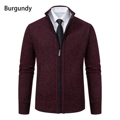 Autumn And Winter New Jersey Men's Casual Sports Coat Solid Color Stand Collar Wweater Grab Fleece Warm Zipper Cardigan - Smarsty
