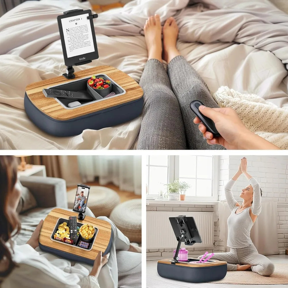 Adjustable Tablet Pillow Stand with Snack Bowl, 360° Rotating Clip for 4.7-13" Devices, Hands-Free Reading on Bed or Couch