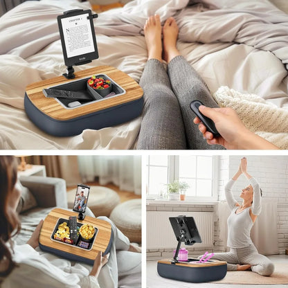 Adjustable Tablet Pillow Stand with Snack Bowl, 360° Rotating Clip for 4.7-13" Devices, Hands-Free Reading on Bed or Couch