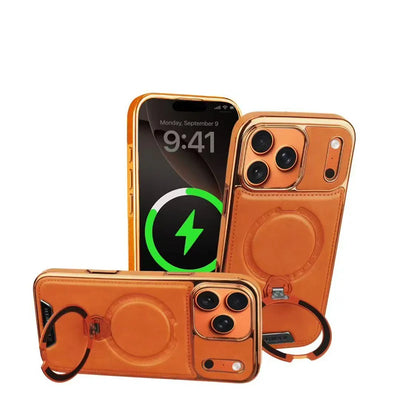 Magnetic Rotat Bracket Luxury Leather Phone Case For iPhone 11 12 13 14 15 16 17 Pro Max Plus Wireless Charging Shockproof Cover