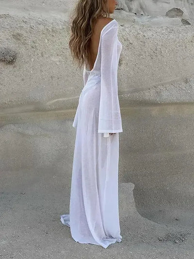 White Backless See-through Long Dress Women's Summer Slim High Waist Spliced Long Sleeve Solid Color Beach Long Dress - Smarsty