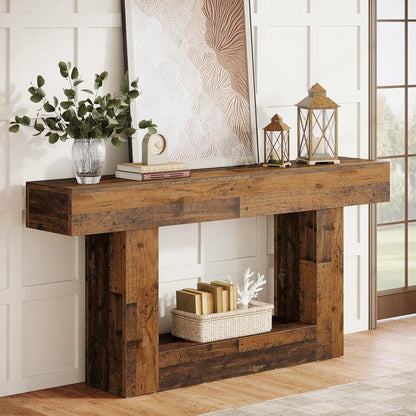 Tribesigns 63" Console Table, Farmhouse 2-Tier Entryway Table with U-Shaped Base, Narrow Long Wood Sofa Table Behind Couch Table
