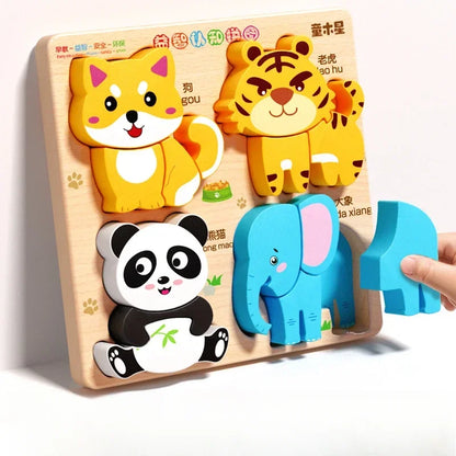 Montessori Cartoon 3D Wooden Puzzle Animal Traffic Jigsaw Toys for Kids Early Learning Educational Cognitive Game Children Gifts by Smarsty