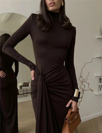 Mozision Turtleneck Thigh High Split Sexy Maxi Dress For Women Fashion Long Sleeve Draped Bandage Bodycon Club Long Dress - Smarsty