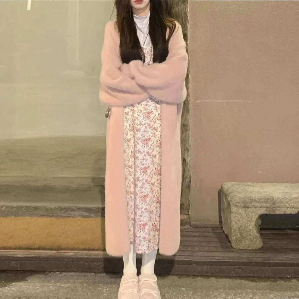 white Long Cardigan for women 2025 new winter clothes Knitted fluffy long sleeve Cashmere sweater coat korean style warm vintage - Smarsty
