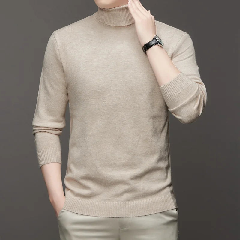 Autumn Mens High Quality Knitted Turtleneck Sweater Slim Fit Long Sleeve Anti-pilling Pullover Solid Color Trend Men Streetwea - Smarsty