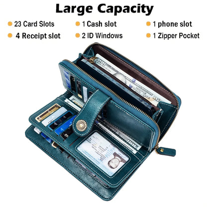 Rfid Anti-Theft Wallet for Men and Women, European and American Retro Leather Long Wallet Clutch, Oil Wax Leather Cut Out Multi-Card Slot Wallet, Large Capacity Zipper 70% off Clutch Bag, Card Holder Coin Purse Hand Bag - Smarsty