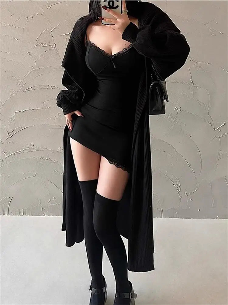 Y2K Retro Lace Patchwork Spaghetti Strap Black Bodycon Dress Mini Fashion Aesthetic Bow Club Party Sexy Dresses for Women - Smarsty
