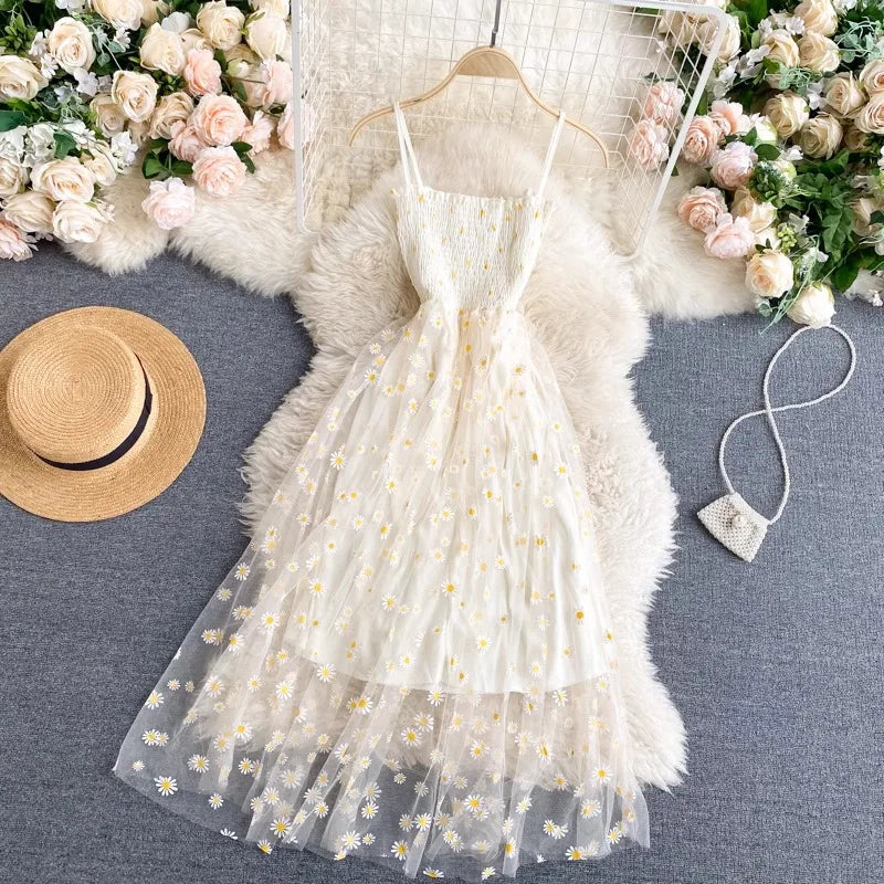 YuooMuoo Women Dress 2025 New Korean Fashion Floral Print Spaghetti Straps Mesh Party Dress Vacation Style Lady Beach Vestidos - Smarsty