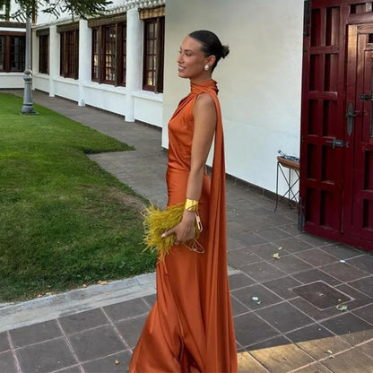 Elegant Women's Ribbon Long Satin Party Dress Halter Backless Sleeveless Female Dresses 2025 Summer Lady Solid Evening Gowns