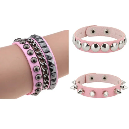 Black Goth Leather Bracelets Set with Spike Rivets - Smarsty