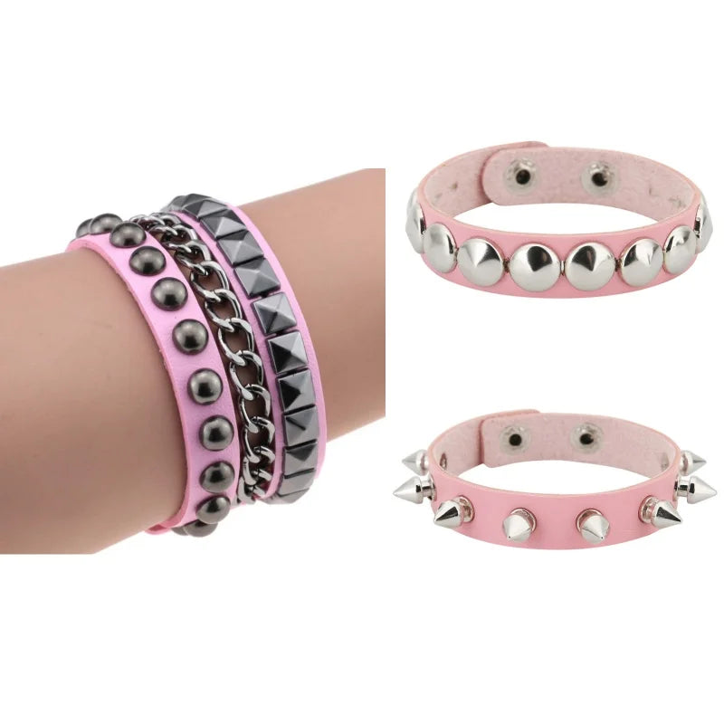 Black Goth Leather Bracelets Set with Spike Rivets - Smarsty