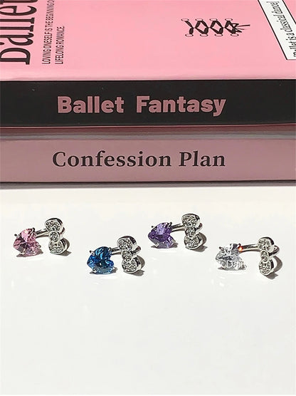 Stainless Steel Heart Bowknot Zircon Stud Earrings Cute - Smarsty