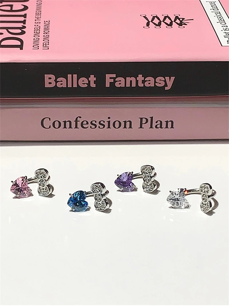 Stainless Steel Heart Bowknot Zircon Stud Earrings Cute - Smarsty