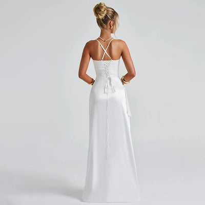 Ladies Summer Satin Fashion Evening Party Dress Women Sleeveless Backless Side Slit Long Dress Birthday Clubwear Woman Clothes - Smarsty