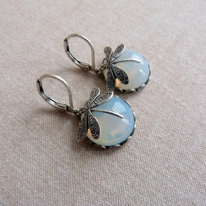 Vintage Bronze Dragonfly Drop Earrings with Moonstone Accent - Smarsty