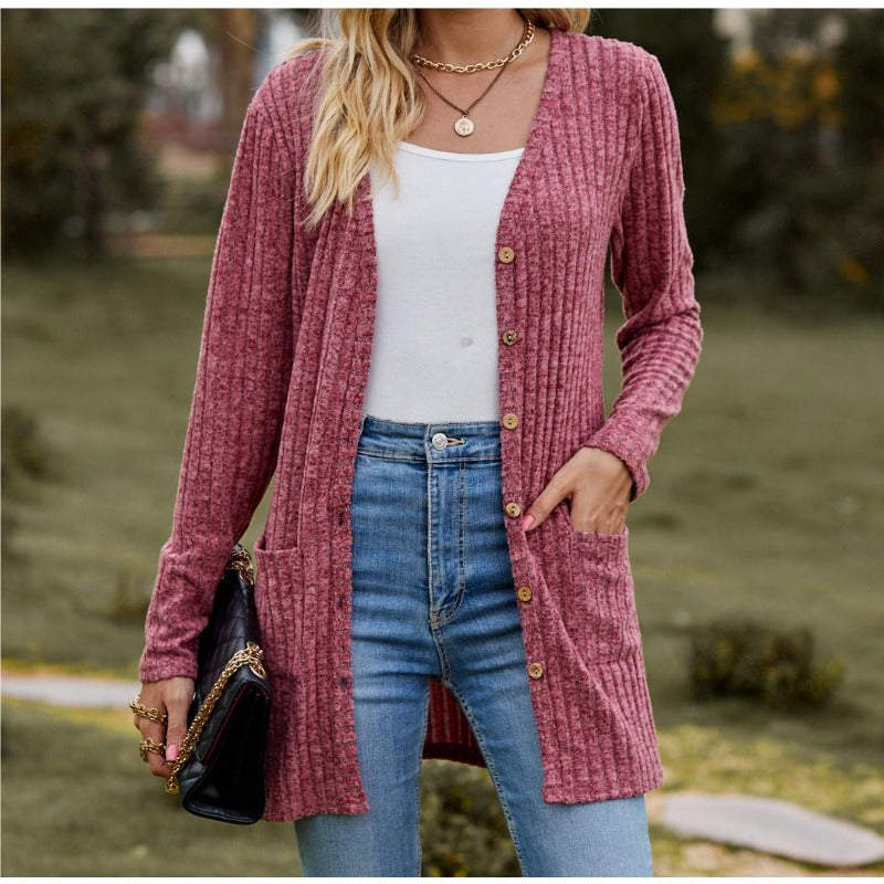 Autumn New Women's Milled Pit Stripe V-Neck Solid Colour Button Long Sleeve Ladies Casual Extensions Cardigan Jacket Coat - Smarsty