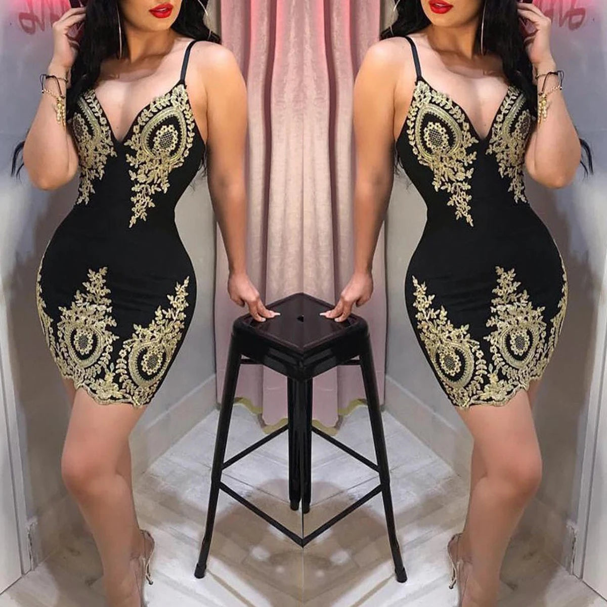 Sexy summer party halter dress Sleeveless slim-fit mini dress with low neck and halter back - Smarsty