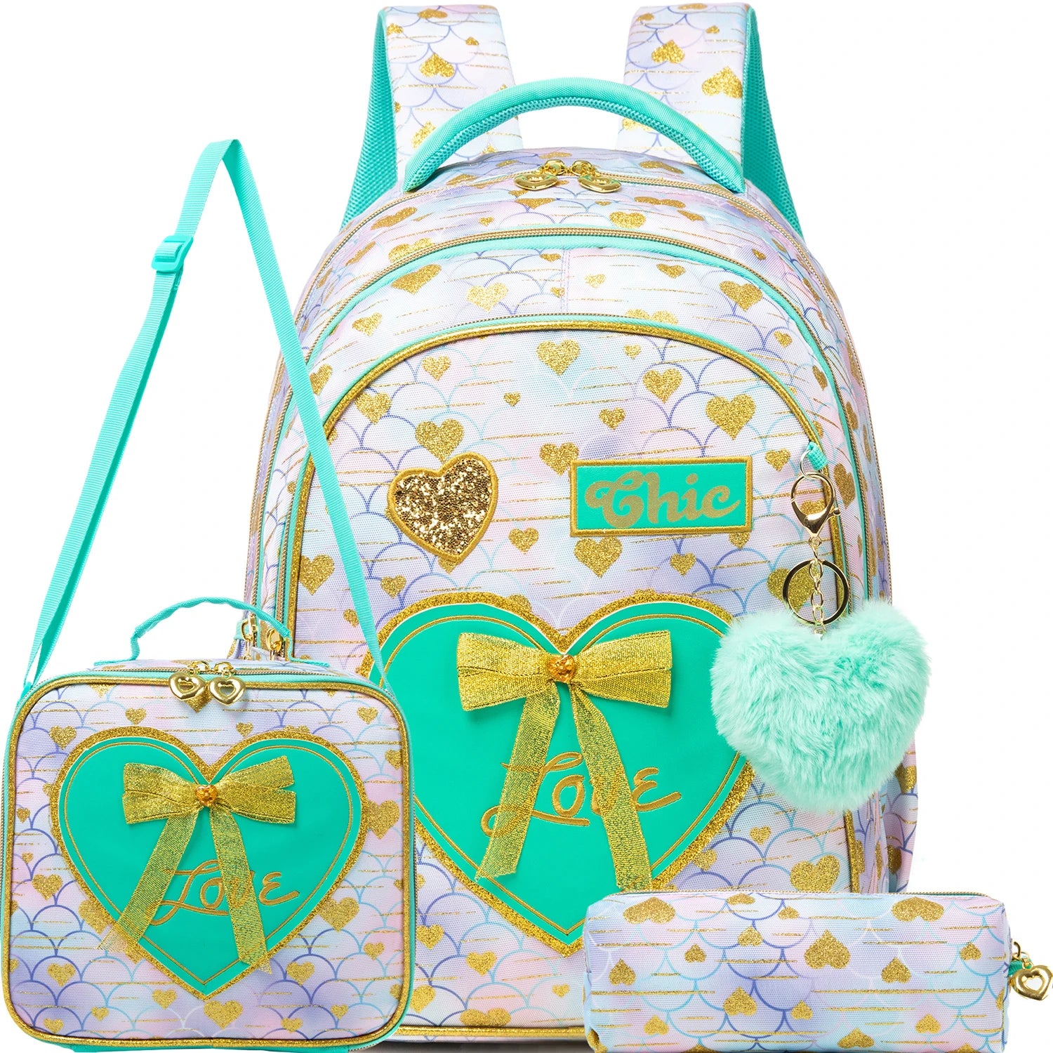 Girls Backpack With Bowknot Ribbon And Lunch Bag Pen Case - Smarsty
