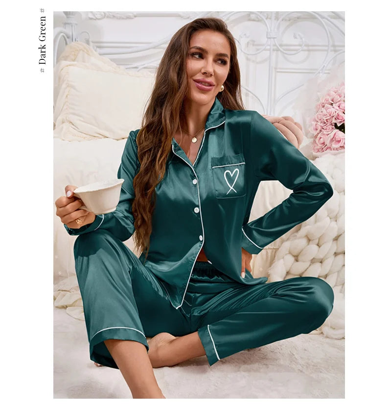 Autumn Satin Pajama for Women Heart-shaped Embroidery Sleepwear & Loungewear Long Sleeve Top & Pants Home Clothes Pyjama 2 Piece - Smarsty