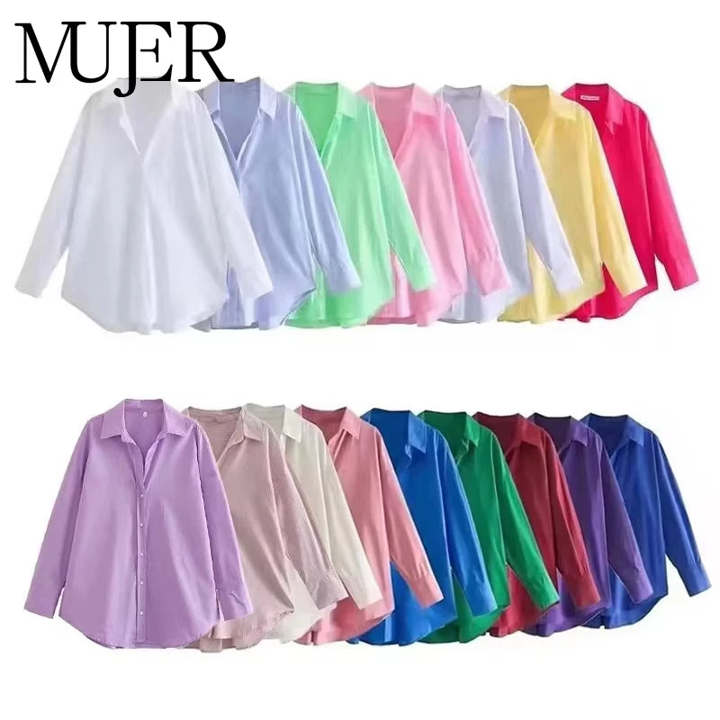 MUJER Women Shirt Multicolour Button Up Shirt Women Summer Long Sleeve Top Female Streetwear Oversize Shirts And Blouses Women - Smarsty