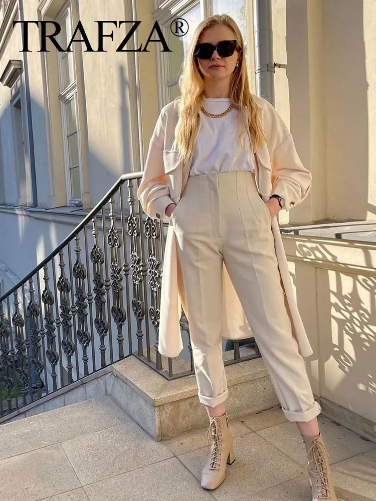 TRAFZA Women Elegant Solid Pencil Pants High Waist Pant For Women Casual Streetwear Woman Trousers Office Wear Chic Pant - Smarsty