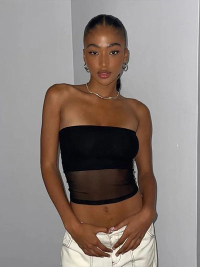 Mesh Corset Black Crop Top Women Patchwork Tube Top Sexy Sleeveless Off Shoulder Cami Summer Streetwear Slim Strapless Tank Tops - Smarsty