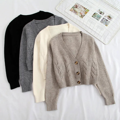 V Neck Cropped Cardigan Women Long Sleeve Twist Knitted Sweater Coats Autumn Winter Keep Warm Korean Fashion Jacket Cardigan - Smarsty