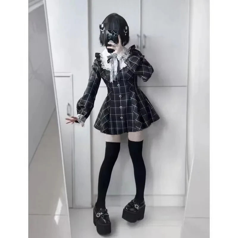 Harajuku Sweet Bow Black Plaid Dresses All-match Slim Fit Kawaii Lolita Dress for Women Autumn New Long Sleeve Vestidos De Mujer - Smarsty