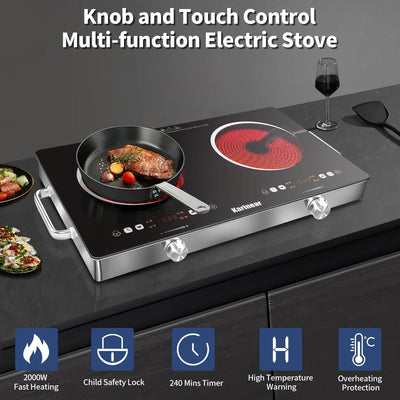 Karinear Ceramic Hob 2 Zones, 3200W Plug in Electric Hob with Safety Lock, Knobs&Touch Control, 56cm Coutertop Freestanding 240V