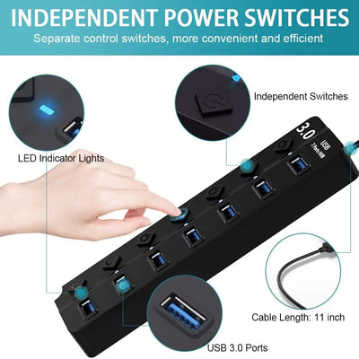 USB 3.0 Hub 7 Port High Speed Powered Switch Cable - Smarsty