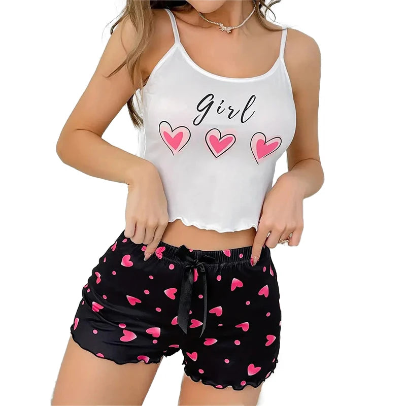 Women's Pink Heart Print Milk Pajama Two-Piece Summer Casual Homewear Camisole and Shorts Pajama Set - Smarsty
