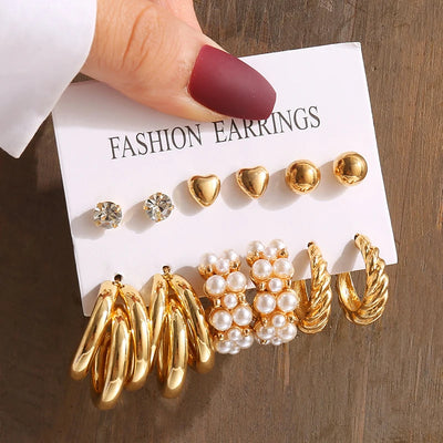 Gold Color Vintage Geometric Pearl Earrings Set For Women - Smarsty