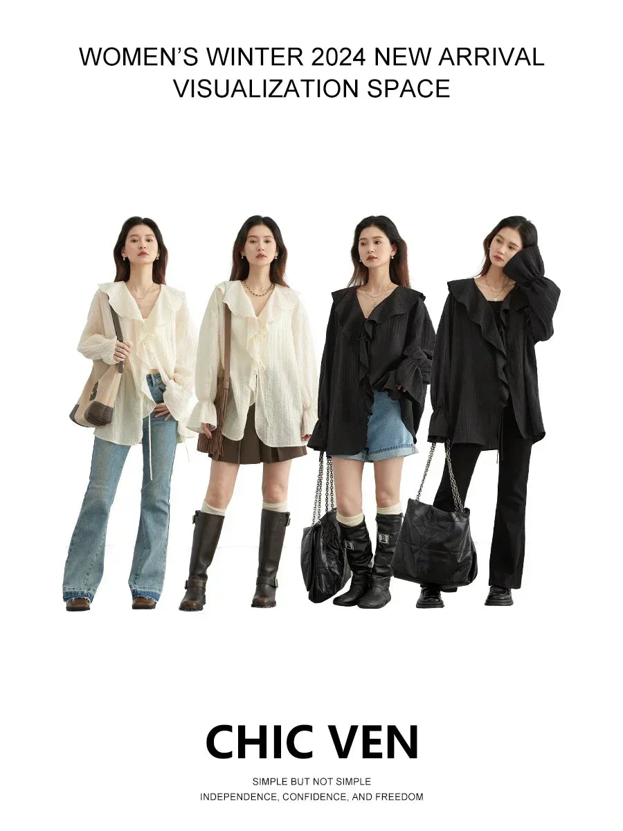 CHIC VEN Women Shirt Loose Casual Ruffled Edges Female Blouses V Neck Lace Up Mid Length Woman Shirts Spring Summer 2024 - Smarsty