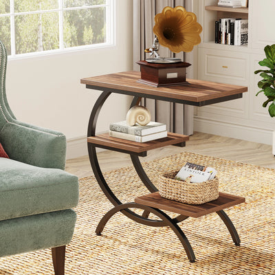Tribesigns C-Shaped End Table, Industrial 3-Tier Small Table for Couch, Wood Bedside Table Snack Table with Storage Shelves - Smarsty
