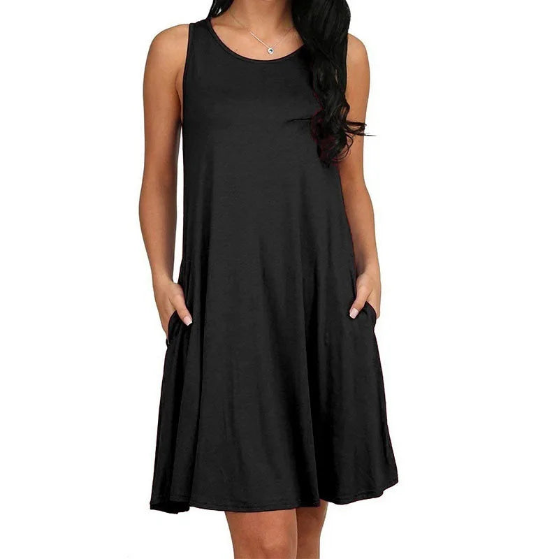 Women's Dress Summer Casual T Shirt Dresses Beach Cover up Plain Pleated Tank Pockets Dress - Smarsty