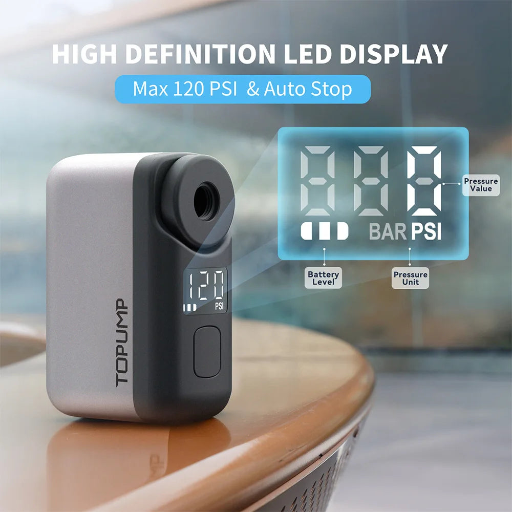 TOPUMP TB2 PRO Mini Portable Electric Pump for Bike Cordless Tire Inflator 120PSI Max 450mAh Battery with Screen Fast Charging - Smarsty