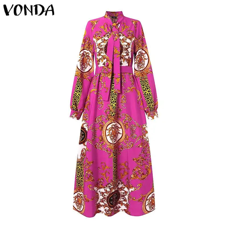 VONDA Maxi Dress 2024 Summer Women Bohemian Printed Party Sundress Long Sleeve Stand Collar Casual Robe Holiday Vestidos Belted - Smarsty