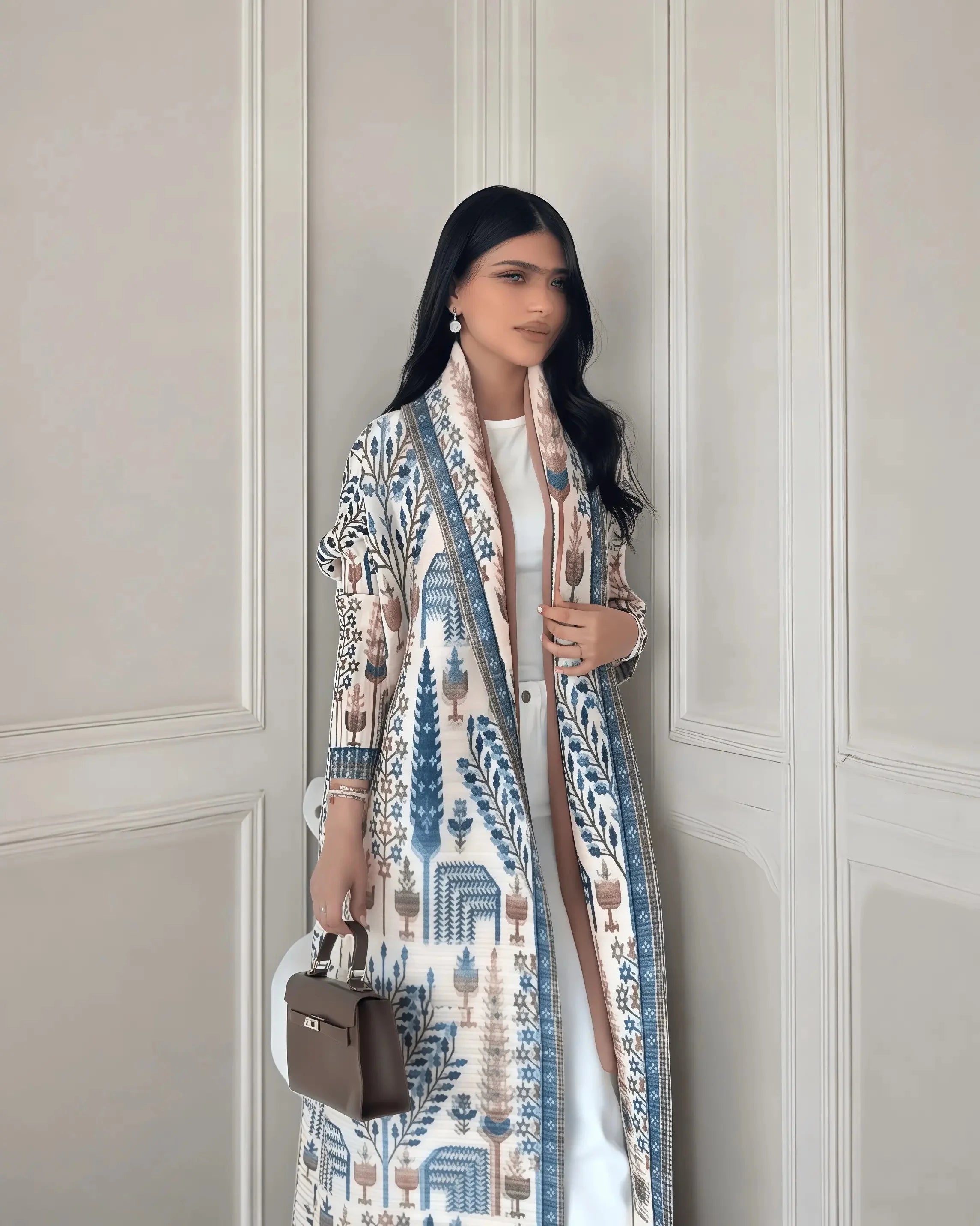 Women's Fold Miyake Pleated Abaya Long Sleeve Print Foldable Collar Robe Cardigan Coat New Winter Fashion Original Design 2024 - Smarsty