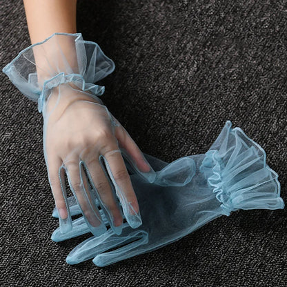 Women Lace Tulle Gloves Stretchy Full Finger Wedding Gloves - Smarsty