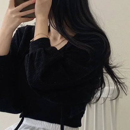 White Knitted Cardigan for Women Summer Thin Sunscreen Lace-Up Knitwear Tops Female Fashion Korean Lantern Sleeve Short Coat - Smarsty