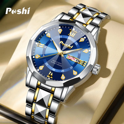 Poshi Men's Waterproof Luminous Quartz Watch with Dual Calendar - Smarsty