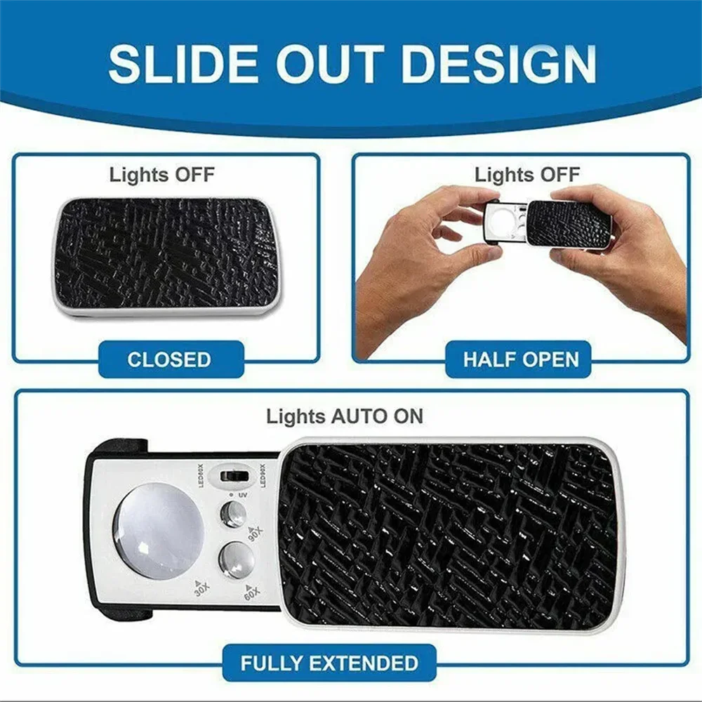 Portable Triplex Magnification Loupe 30X-90X-Slide-Out LED/UV Lighted Jewelry Magnifier for Precision Gemology & Micro-Engraving - Smarsty