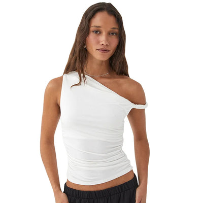 Simple Basic Casual Summer Tank Top Sleeveless Solid Color Off Shoulder Side Ruched Crop Tops Vestidos Spring Women T S - Smarsty