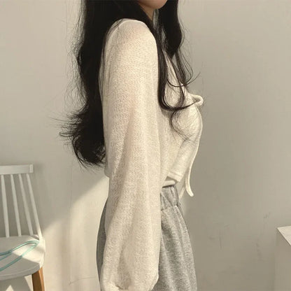 White Knitted Cardigan for Women Summer Thin Sunscreen Lace-Up Knitwear Tops Female Fashion Korean Lantern Sleeve Short Coat - Smarsty