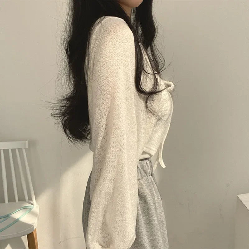 White Knitted Cardigan for Women Summer Thin Sunscreen Lace-Up Knitwear Tops Female Fashion Korean Lantern Sleeve Short Coat - Smarsty