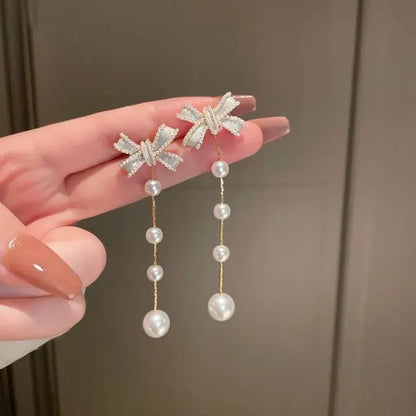 Korean Pearl Tassel Drop Earrings for Women with Zircon Detail - Smarsty